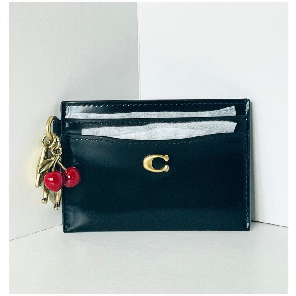Coach Essential Card Case Black Spazzolato CCD81 Leather Rexy Cherry Charm - Picture 8 of 13